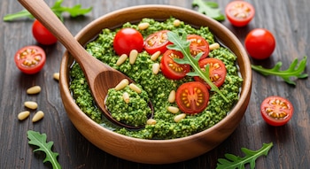 Cuenco de madera con pesto verde, tomates cherry cortados, piñones y hojas de rúcula. Una cuchara de madera está en el cuenco sobre una mesa oscura.