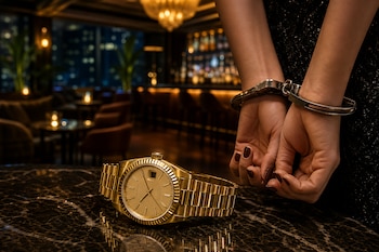 Un reloj dorado sobre una mesa de mármol oscuro y unas manos de mujer sujetas con esposas metálicas en un local con barra al fondo.