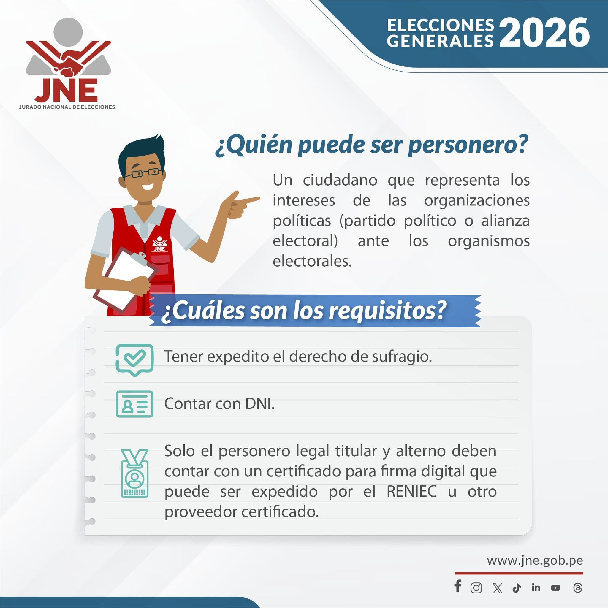 Una infografía del Jurado Nacional de Elecciones de Perú detalla la definición y los requisitos necesarios para desempeñarse como personero en las Elecciones Generales de 2026. (FB/JNE)