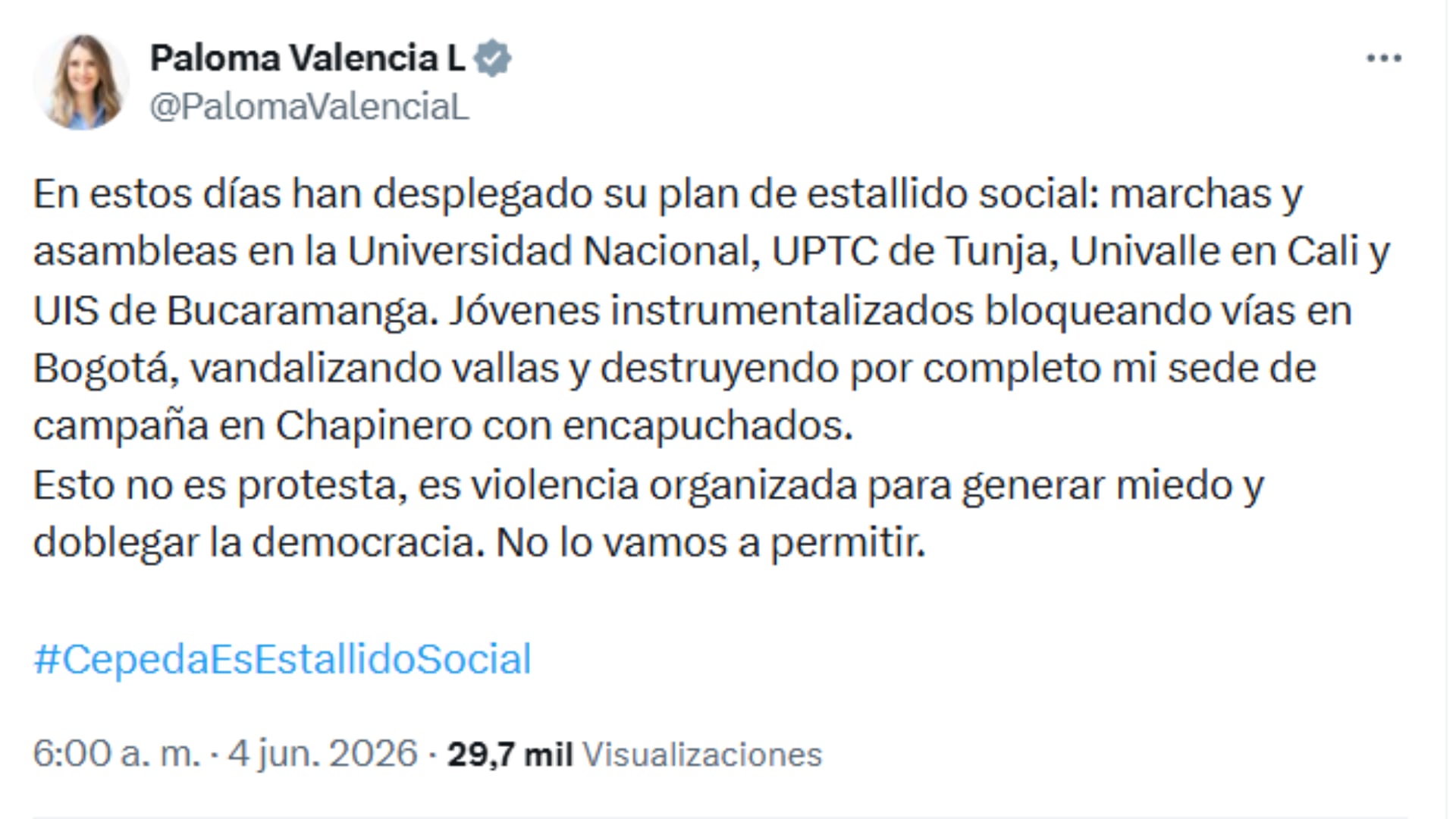 La senadora Paloma Valencia instalaron una acusación política directa contra el senador Iván Cepeda por presunta movilización apra generar un estallido social - crédito @PalomaValenciaL/X