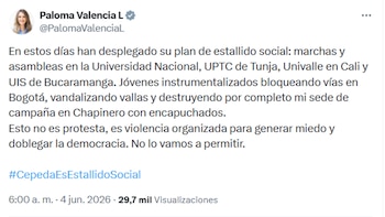 La senadora Paloma Valencia instalaron una acusación política directa contra el senador Iván Cepeda por presunta movilización apra generar un estallido social - crédito @PalomaValenciaL/X