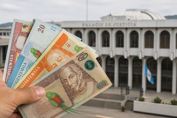 Una mano sostiene billetes de quetzales guatemaltecos frente a la fachada del edificio del Palacio de Justicia con la bandera nacional.