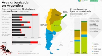 Infografía con datos de urbanización en Argentina que incluye un gráfico de barras de crecimiento en diez ciudades y dos mapas con áreas urbanizadas por región.