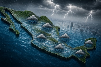 Mapa tridimensional del territorio de México cubierto de agua con nubes de lluvia, rayos y un cielo tormentoso sobre un fondo urbano.
