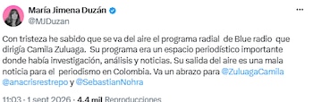 María Jimena Duzán lamentó el fin del programa de Camila Zuluaga en Blu Radio - crédito @MJDuzan/X