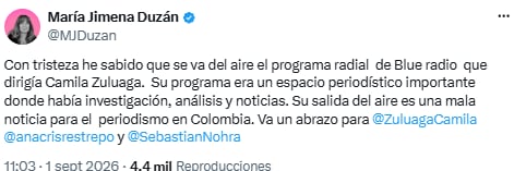 María Jimena Duzán lamentó el fin del programa de Camila Zuluaga en Blu Radio - crédito @MJDuzan/X