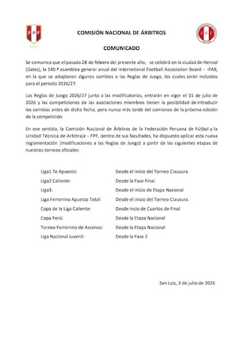 La CONAR confirmó que las nuevas Reglas de Juego aprobadas por la IFAB entrarán en vigor en la Liga 1 desde el inicio del Torneo Clausura.
