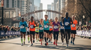 Vista frontal de un grupo de corredores de maratón en una calle de la ciudad, con edificios altos al fondo y espectadores detrás de barreras.