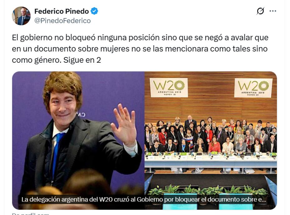 Mensaje de X del sherpa del G20, Federico Pinedo