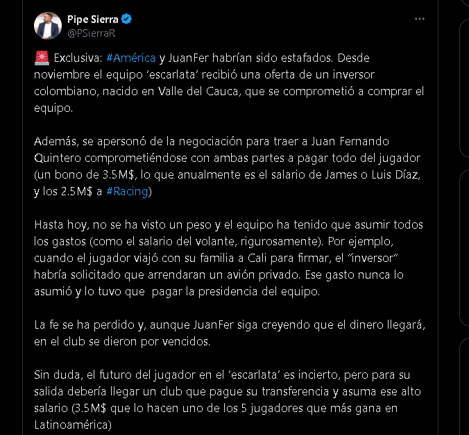 América de Cali habría sido víctima de una estafa por un inversionista que prometió parte del dinero para contratar a Juan Fernando Quintero - crédito @PSierraR/X