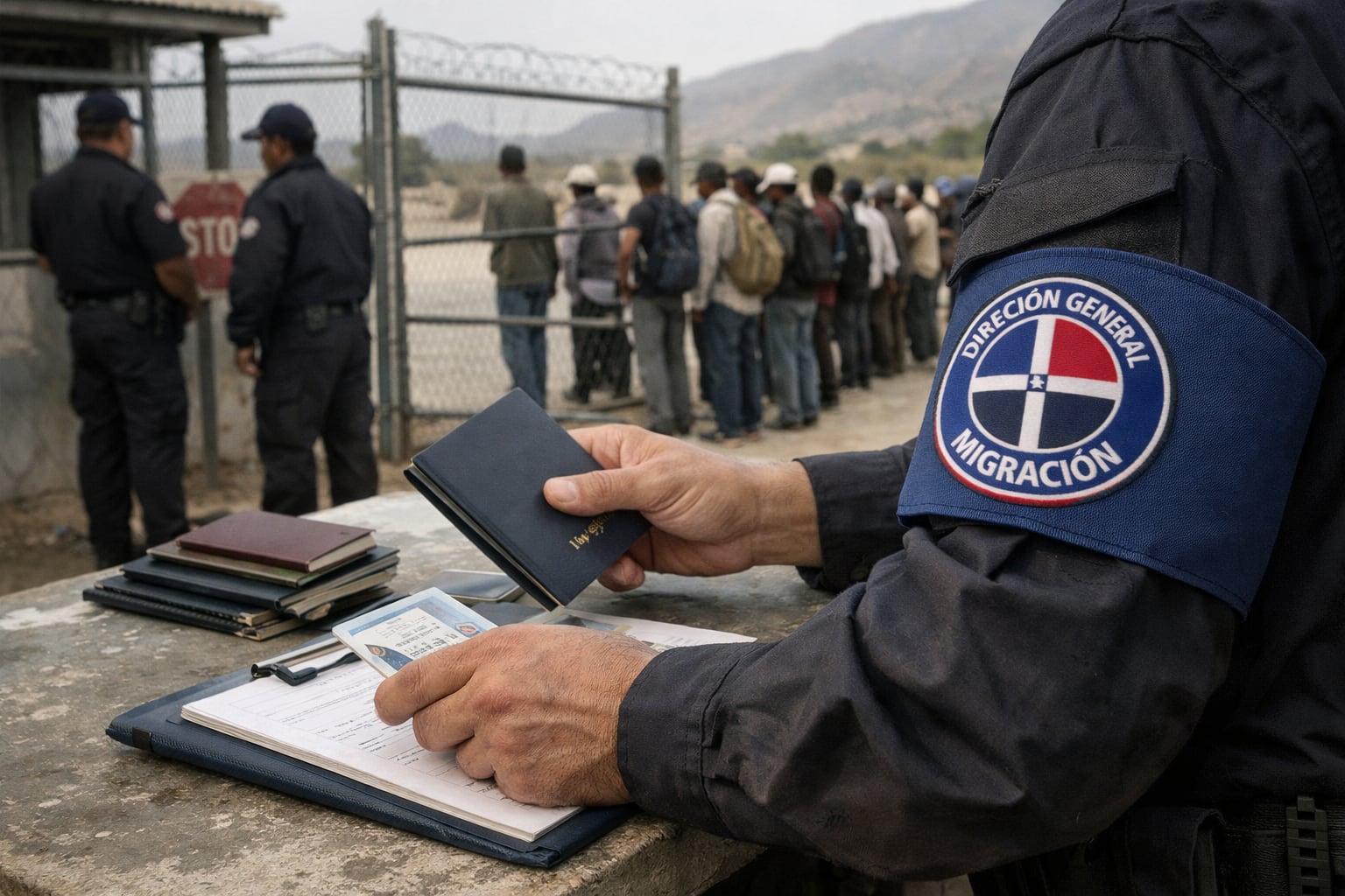 Un agente de migración dominicano revisa documentos de identidad en un punto fronterizo con Haití, mientras personas esperan en fila. (Imagen Ilustrativa Infobae)
