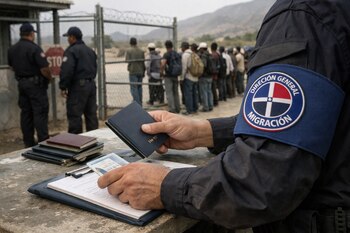Manos de agente de migración revisan documentos sobre una mesa; se ven pasaportes, un brazalete oficial, agentes, valla y fila de personas en una zona fronteriza.