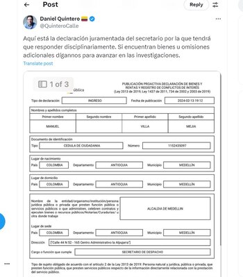 Daniel Quintero compartió la declaración