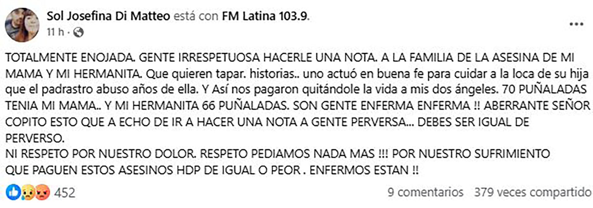El descargo de la hija y hermana de Vanesa y Tatiana Zanni, respectivamente