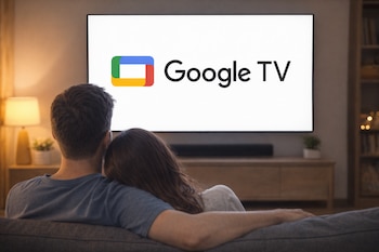 Vista trasera de una pareja sentada en un sofá gris, viendo una televisión con el logo de Google TV en una sala iluminada tenuemente.