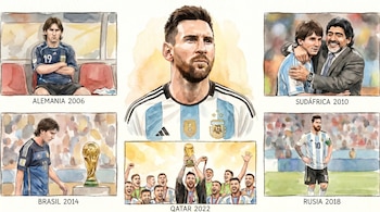 Ilustración acuarela de Lionel Messi a lo largo de cinco Mundiales: 2006, 2010 con Maradona, 2014 con el trofeo, 2018 y 2022 levantando la Copa.