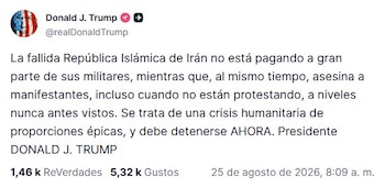 El mensaje publicado por Trump en Truth Social (Captura de pantalla)