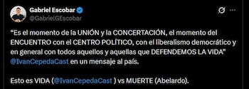 El abogado Gabriel Escobar publicó un mensaje en sus redes sociales apoyando al candidato Iván Cepeda - crédito @GabrielGEscobar/X