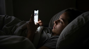 Una persona acostada en la cama en una habitación oscura, mirando atentamente la pantalla iluminada de su teléfono celular.