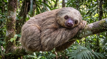 Un perezoso de pelaje marrón y garras visibles reposa sobre una rama con musgo en medio del follaje de una selva.