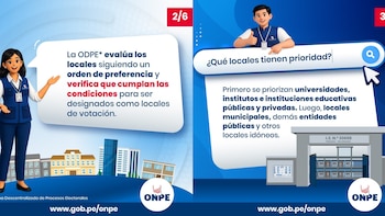 Infografía de dos paneles muestra personajes animados de ONPE y texto sobre selección de locales de votación, con edificios ilustrados y logos de ONPE