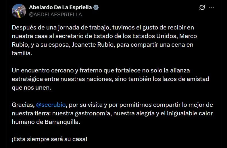 Abelardo de la Espriella calificó el encuentro como “cercano y fraterno” y vinculó la reunión con el estado de las relaciones entre Colombia y Estados Unidos - crédito @ABDELAESPRIELLA/X