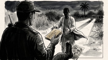 Ilustración monocromática de un policía entregando dinero a un veterinario en un terreno baldío, con una foto de niños pisoteada y la silueta de una palmera al fondo.
