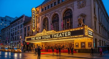 Exterior nocturno del New York Theater iluminado, con letrero y marquesina brillantes. Alfombra roja en la entrada, personas y taxis en la calle mojada.