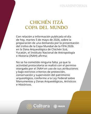 Documento oficial del INAH con fondo blanco y detalles guindas, que contiene un comunicado de prensa sobre Chichén Itzá y el Mundial 2026