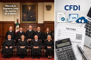 Imagen dividida: a la izquierda, nueve ministros de la SCJN con togas; a la derecha, una factura CFDI con QR, una calculadora, un lápiz y símbolos de documentos digitales.