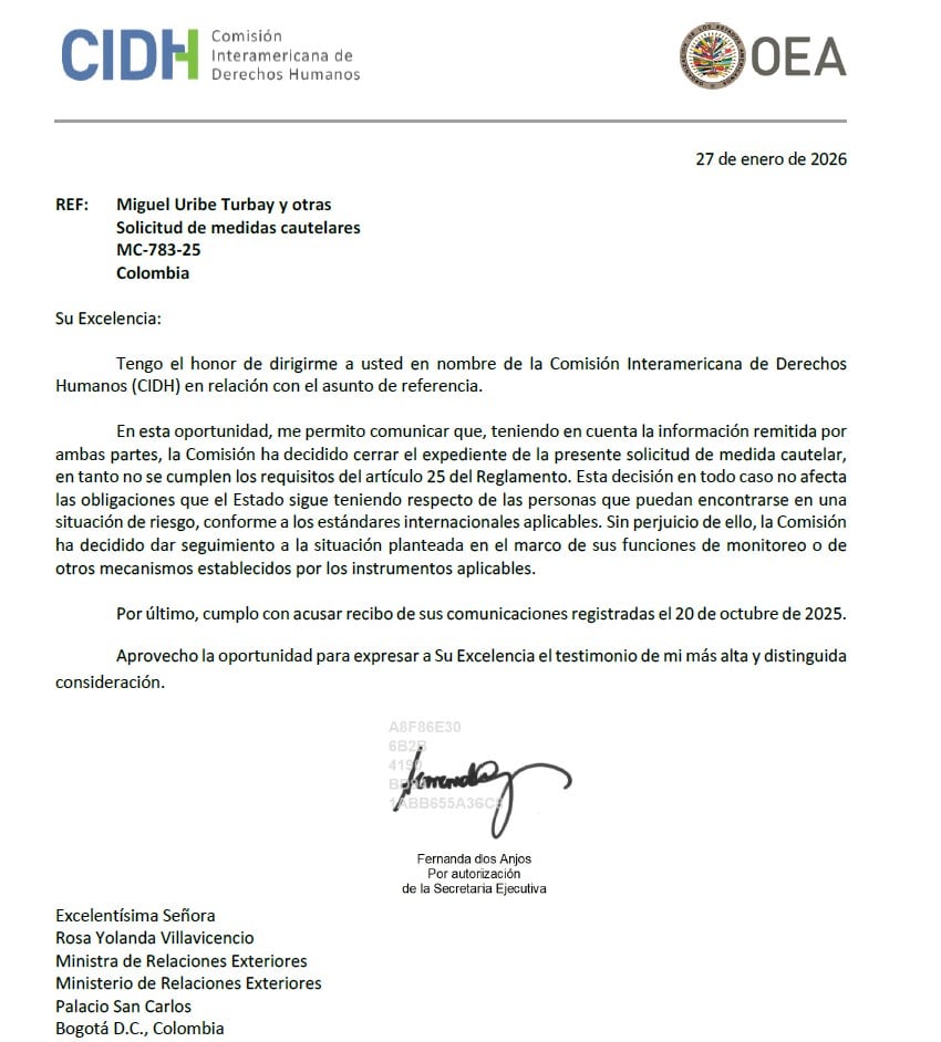 La Cidh cerró expediente sobre solicitud de medidas cautelares solicitadas por el abogado de la familia de Miguel Uribe - crédito @UNPColombia/X
