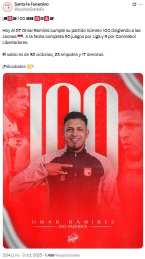 El entrenador Cardenal, Omar Ramírez, llegará a 100 partidos dirigidos con este compromiso de Copa Libertadores ante Always Ready - crédito @LeonasSantaFe/X