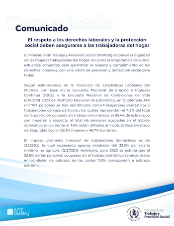 Documento oficial con el título "Comunicado" y texto en español sobre derechos laborales de las trabajadoras del hogar. Logos de entidades de Guatemala en azul y blanco