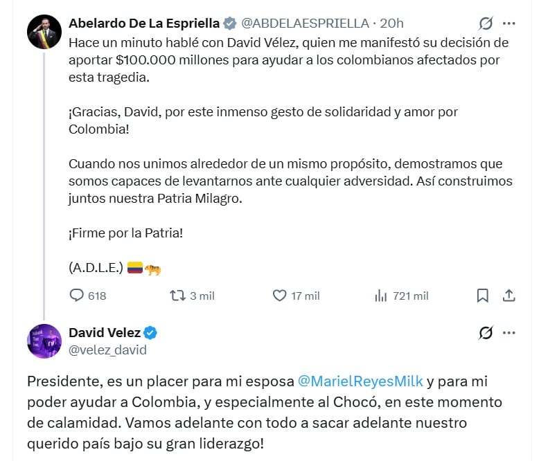 David Vélez, dueño de NuBank, dij oque es un placer ayudar a Colombia - crédito @Velez_David/X