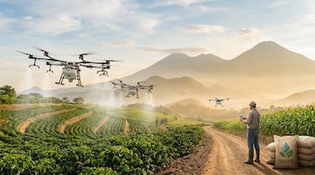 Drones fumigando vastos campos de cultivo, con un agricultor usando una tableta y sacos de semillas en primer plano, y montañas al fondo.