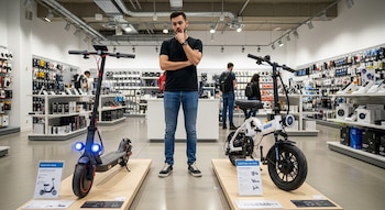 Un joven de pie en una tienda de electrónica, con un patinete eléctrico negro a su izquierda y una mini moto eléctrica blanca a su derecha, ambos en expositores.