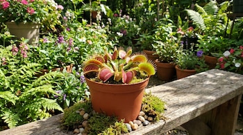 Una planta Atrapamoscas de Venus en maceta marrón, con hojas rojas y verdes, sobre banco de madera con musgo y guijarros. Fondo borroso de jardín.