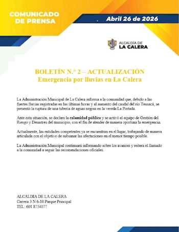 Con este comunicado la Alcaldía de La Calera informó a la comunidad las dificultades presentadas y la declaración de emergencia - crédito Alcaldía Municipal de La Calera / Facebook