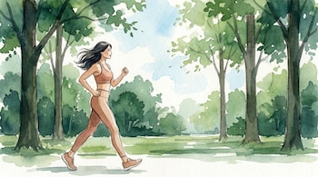 Ilustración de acuarela de una mujer con cabello oscuro y ropa deportiva beige, caminando en un parque con árboles verdes y cielo azul claro. Pinceladas visibles.