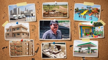 Collage: Ismael El Mayo Zambada, planta lechera, rancho ganadero, parque acuático, guardería, gasolinera, joyería, cajas de fruta, edificio de oficinas.