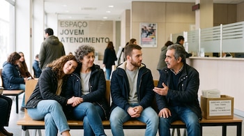 Cuatro personas sentadas en un banco de madera dentro de una oficina pública, al lado de una caja con folletos informativos.
