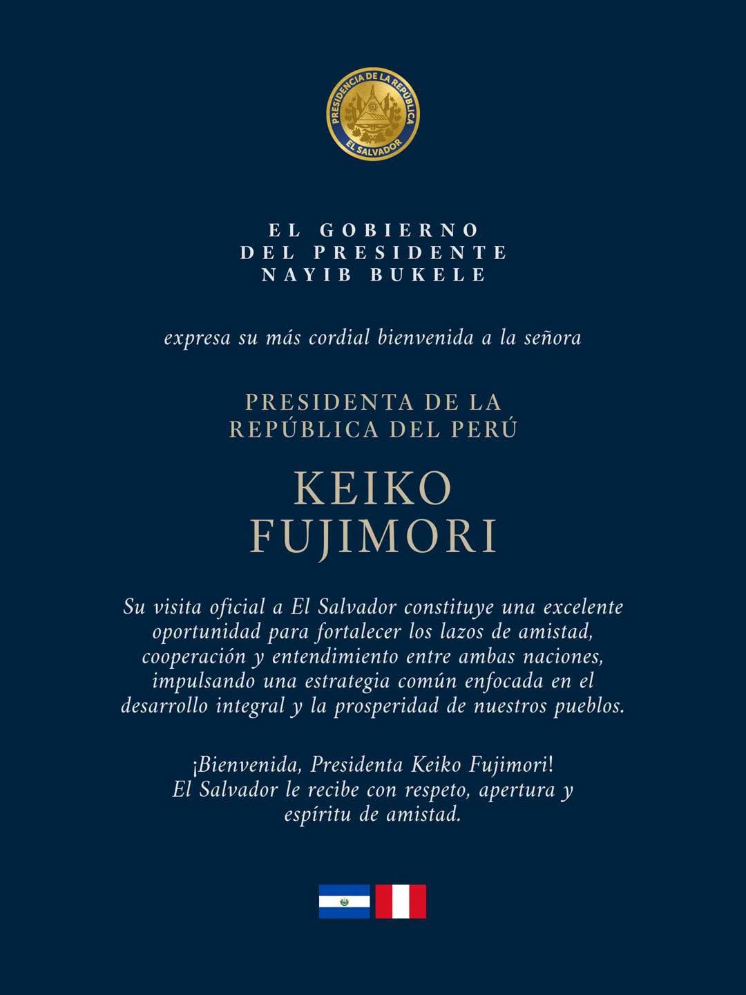 La Presidencia de la República de El Salvador extendió un mensaje de bienvenida a la presidente de Perú, Keiko Fujimori ante su llegada al país. (Foto cortesía Presidencia de la República)