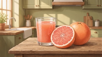 Un vaso transparente con jugo rosado, medio pomelo cortado y un pomelo entero sobre una mesa de madera rústica en una cocina.