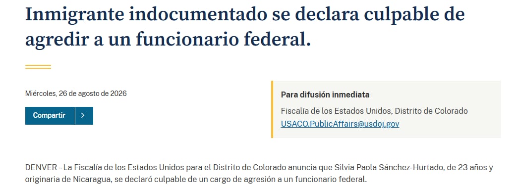 Silvia Paola Sánchez-Hurtado, de 23 años, se declaró culpable en un tribunal federal de Colorado tras morder a un agente de ICE en el cuello durante un arresto (Cortesía: https://www.justice.gov/).