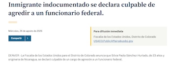 Silvia Paola Sánchez-Hurtado, de 23 años, se declaró culpable en un tribunal federal de Colorado tras morder a un agente de ICE en el cuello durante un arresto (Cortesía: https://www.justice.gov/).