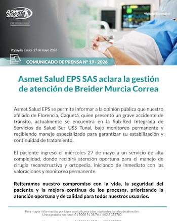 Comunicado oficial de la entidad médica a cargo del proceso - crédito Asmet Salud EPS / X
