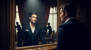 Un hombre de traje oscuro se mira en un espejo con marco dorado. Su reflejo muestra su rostro sonriente y, al fondo, dos figuras borrosas.