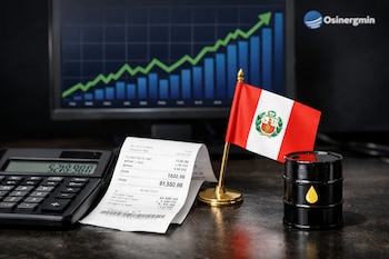 Calculadora, recibo de carga de combustible, bandera de Perú, barril de petróleo en miniatura, y monitor con gráfico ascendente y logo Osinergmin.