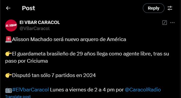 El futbolista proviene del Criciuma de Brasil - crédito @VBarCaracol / X
