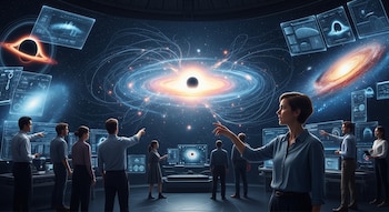 Científicos en sala de control futurista observan pantallas con agujero negro central, galaxias y datos cósmicos flotantes.